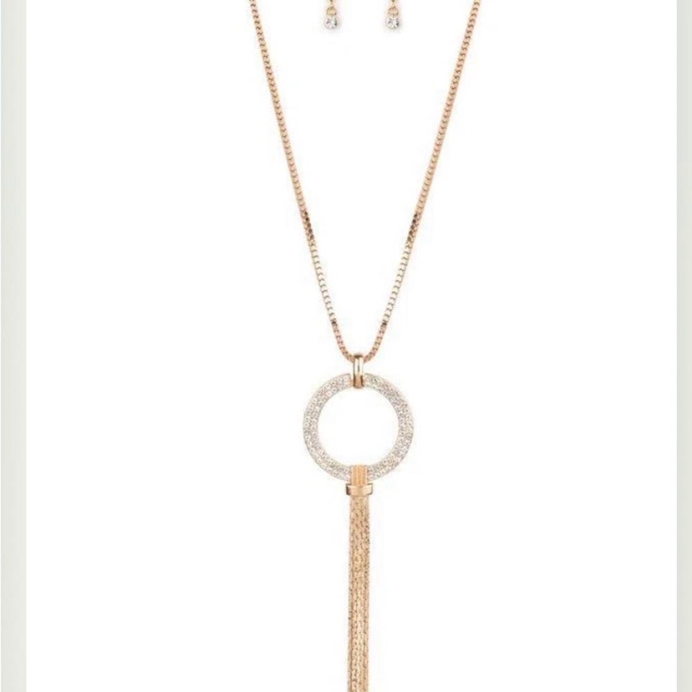 paparazzi Rose Gold Circle Pendant with Tassel Drop Necklace Set